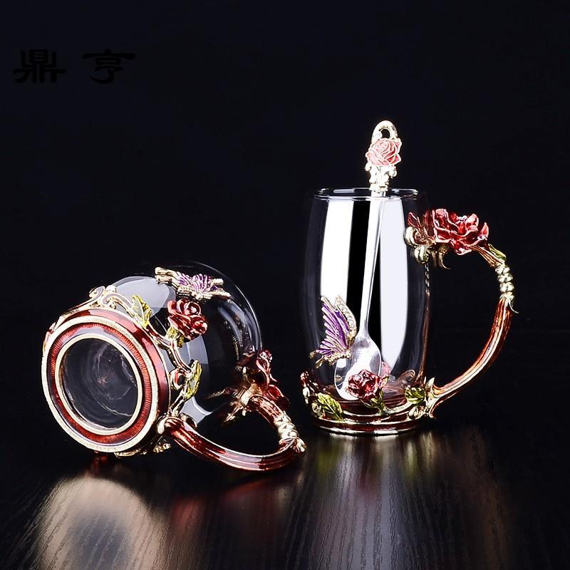 鼎亨创意珐琅彩蝶恋花玫瑰花茶杯洛施玻璃杯耐热水杯子花舍奶茶女