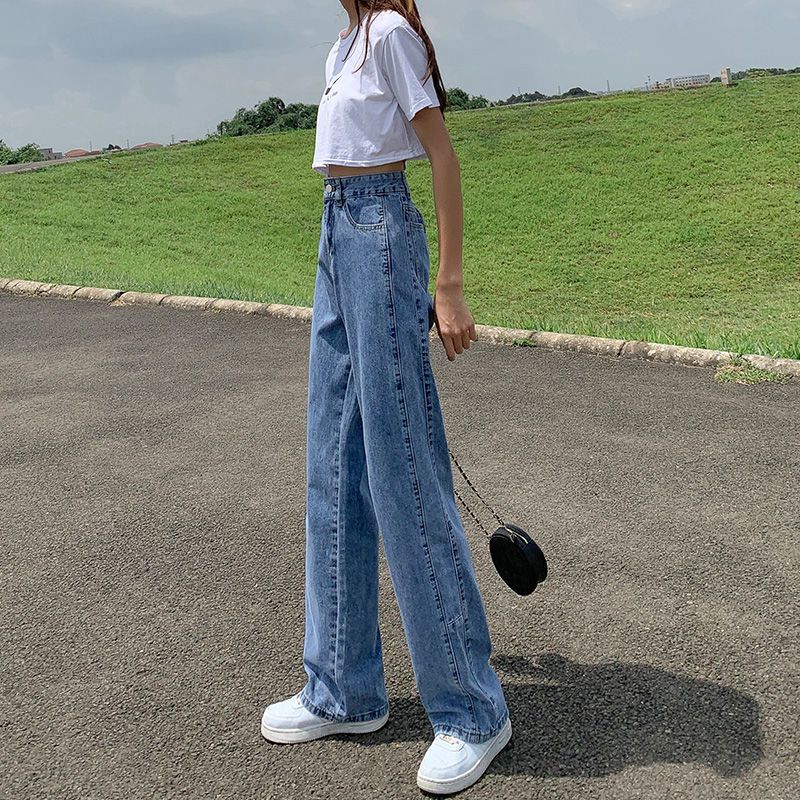 2021夏季新款高腰牛仔裤女薄款阔腿宽松辣妹大码胖mm拖地直筒裤子