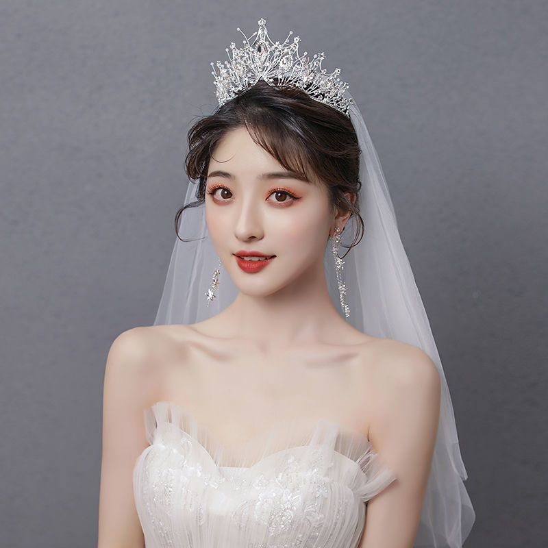 皇冠头饰新娘三件套头纱大气森系超仙婚纱王冠生日秀禾中式结婚女 08浅金色项链+耳夹款 无礼盒