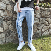 夏季年轻织带九分裤毛边休闲牛仔裤男士小脚裤学生韩版帅气男裤子