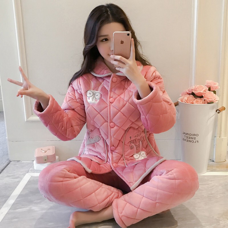 波迷娜（BOMINA)大码睡衣女200斤款睡衣女珊瑚绒夹棉睡衣法兰绒加厚冬天保暖可爱大码服套装