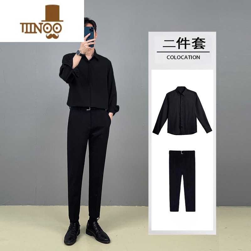 YANXU黑色衬衫男长袖感痞帅潮轻熟风休闲套装痞帅白dk垂感衬黑高清大图