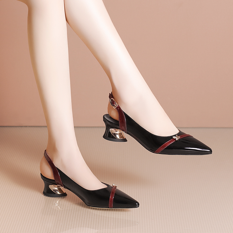 diao粗跟凉鞋女中跟皮鞋夏季新款女鞋真皮漆皮包头鞋子女尖头凉鞋视频