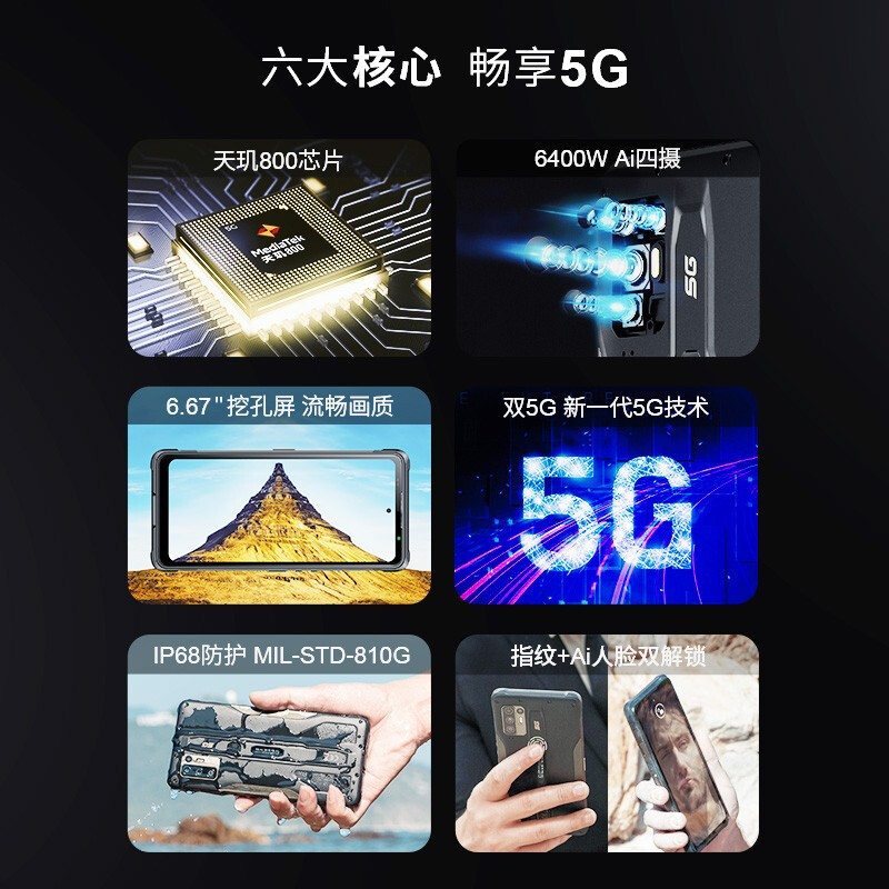 遨游(AORO)A10-5G全网通双卡双待 工业三防智能手机 军工大屏 手机 后置四摄拍照一键对讲 8+128G 防爆版高清大图