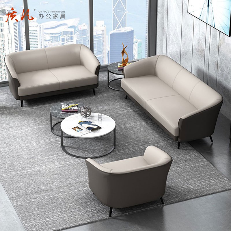 质凡 简约接待办公沙发组合套装 米白色(三人位)西皮高清大图