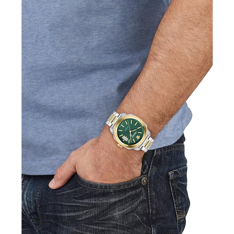 范思哲(Versace)男款瑞士自动机械腕表两 tone 不锈钢表带42mm绿盘日期窗高清大图