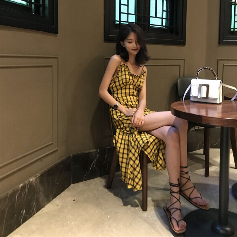 长裙女夏装2018新款慵懒风chic心机裙子设计感极简主义带连衣裙格子带裙