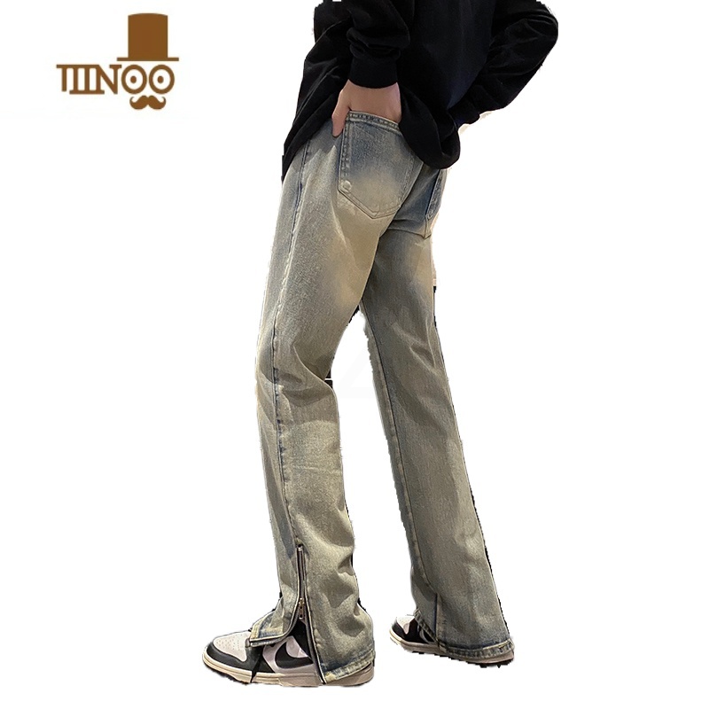 YANXU美式高街牛仔裤男vibe风泛黄泥染拉链直筒牛仔国潮显瘦休高高i黄高清大图