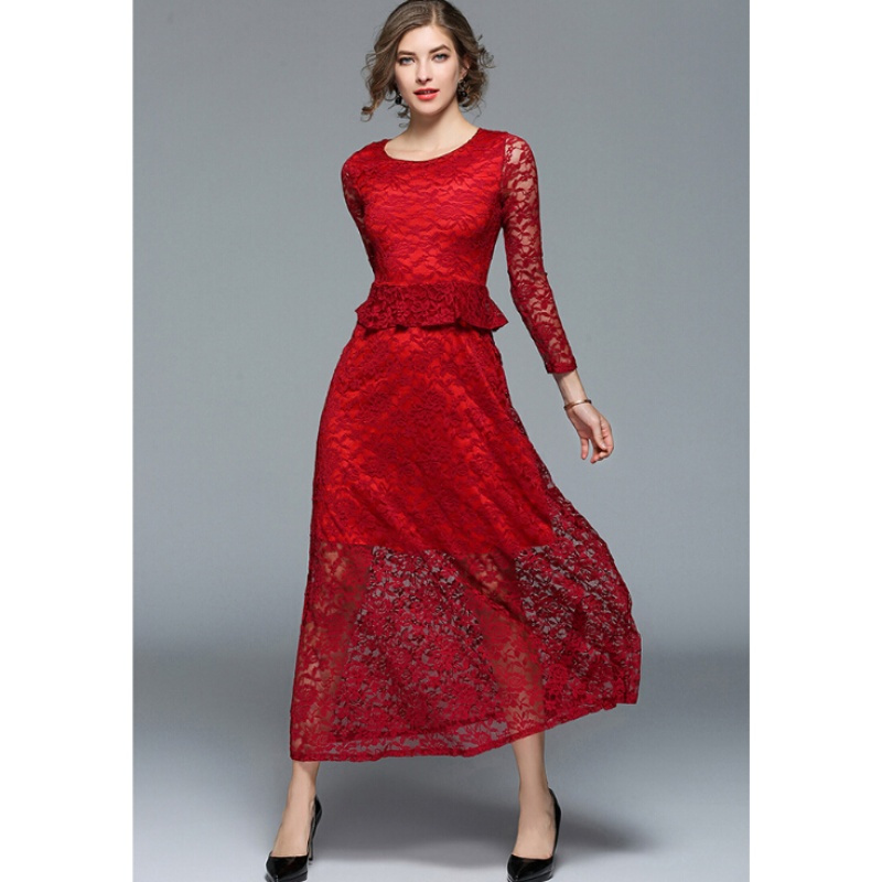 长袖蕾丝连衣裙2017秋季新款显瘦气质名媛荷叶边蕾丝长裙打底裙女