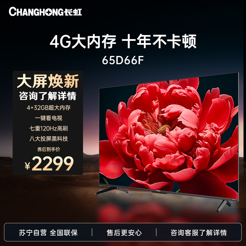 长虹65D66F 65英寸4GB超大内存十年不卡 一键看电视120Hz高刷新4K超高清液晶客厅电视机 以旧换新