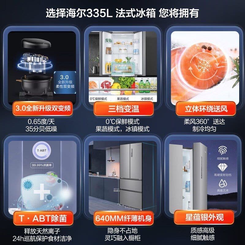 海尔(Haier)法式四开门冰箱 335L容量四开门家用变频风冷 一级能效自动除霜 BCD-335WLHFD9DS9图片