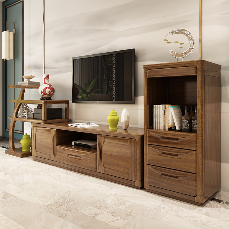 胡桃木电视柜 多功能组合电视柜边柜 现代中式木质储物柜 客厅家具