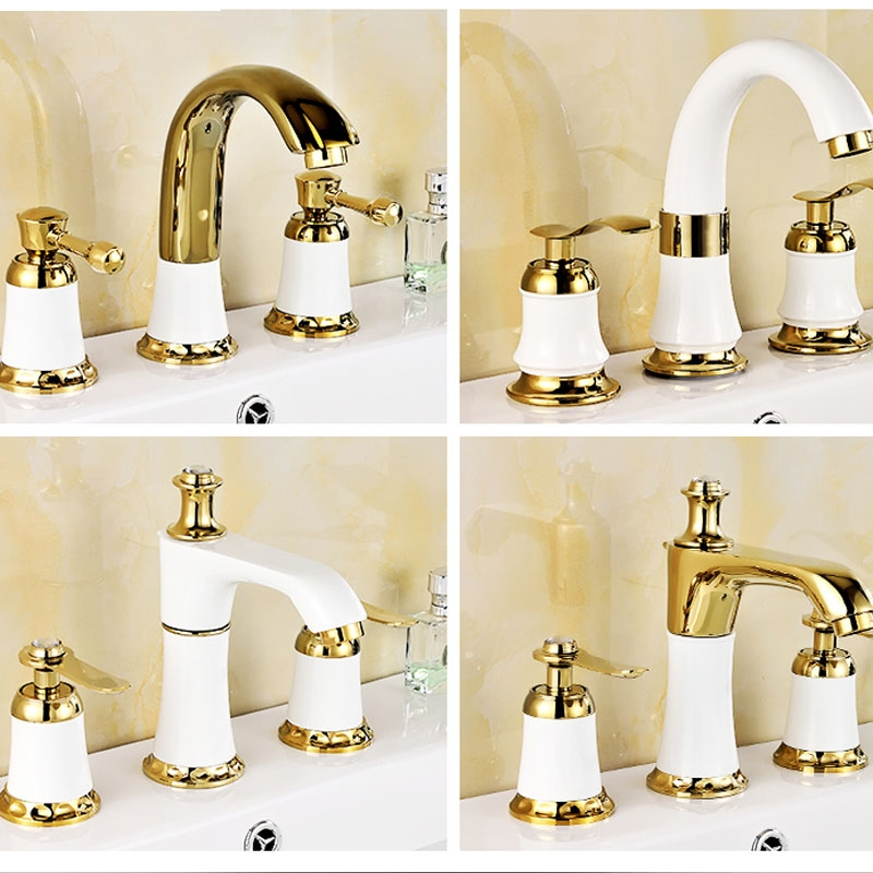 三孔面盆水龙头古达欧式金色三件套分体双把双控冷热水龙头