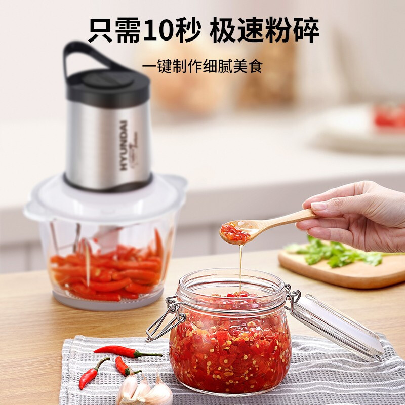 HYUNDAI电动绞肉机 多功能料理机家用碎肉机宝宝辅食机蒜蓉机打蒜器绞馅机搅拌机搅肉机 可绞1斤肉2L玻璃碗