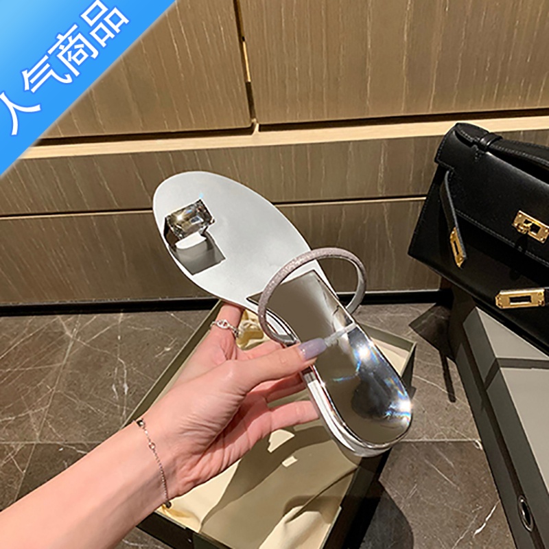 SUNTEK鸽子蛋拖鞋女外穿2023夏季仙女水钻简约罗马凉鞋一字平底法式凉拖高清大图