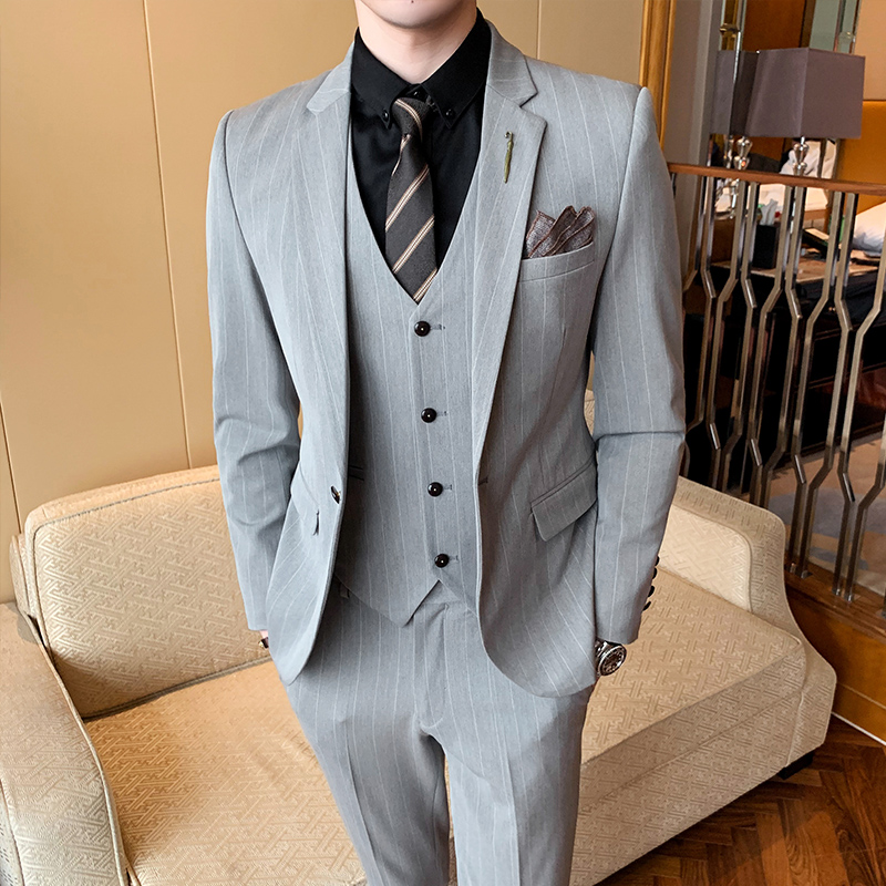 男暗条纹西装男套装礼服商务正装西服修身三件套西服男秋装男装西服