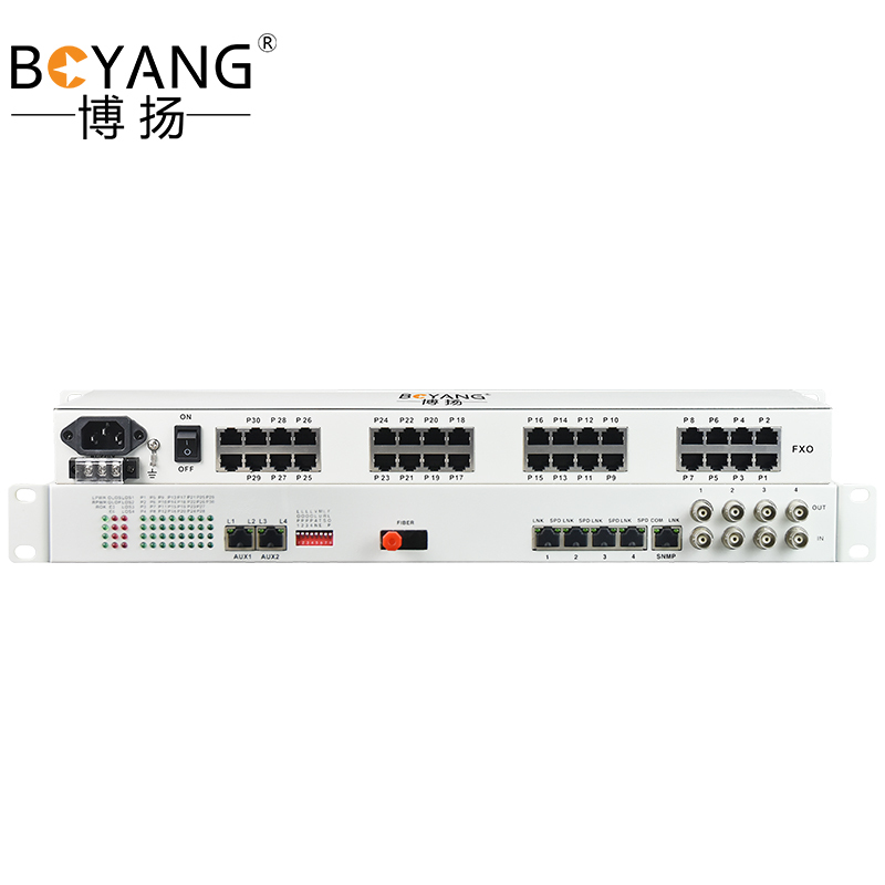博扬 综合业务电话光端机 4路E1+30路电话+4路百兆以太网物理隔离 单纤100km 机架式 1对