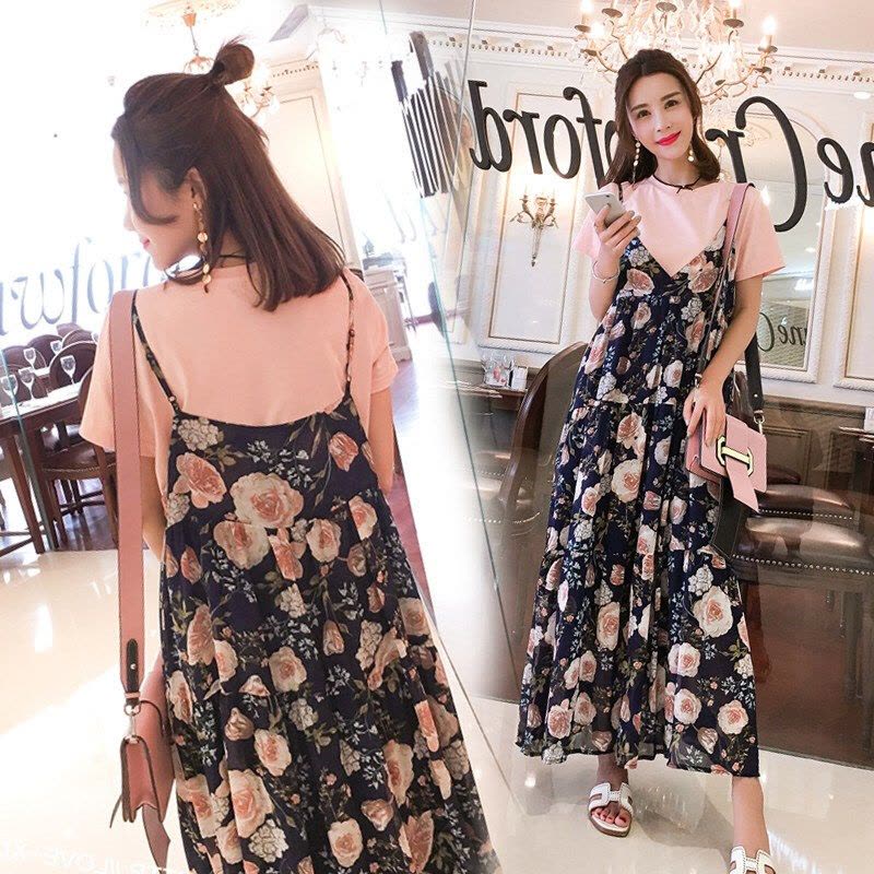 迪鲁奥(DILUAO)孕妇装夏装短袖连衣裙韩版宽松大版中长款碎花雪纺吊带连衣裙短袖T恤两件套装长裙时尚圆领长款怀孕期孕妇图片