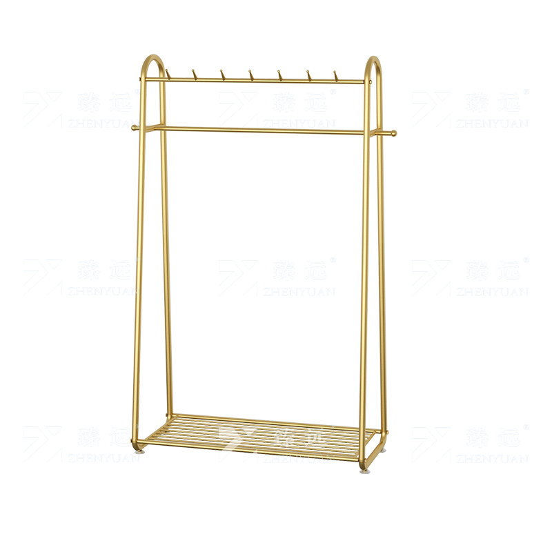 臻远 ZY4080144简约铁艺衣帽架落地衣架多功能挂衣服架子 金色100高清大图