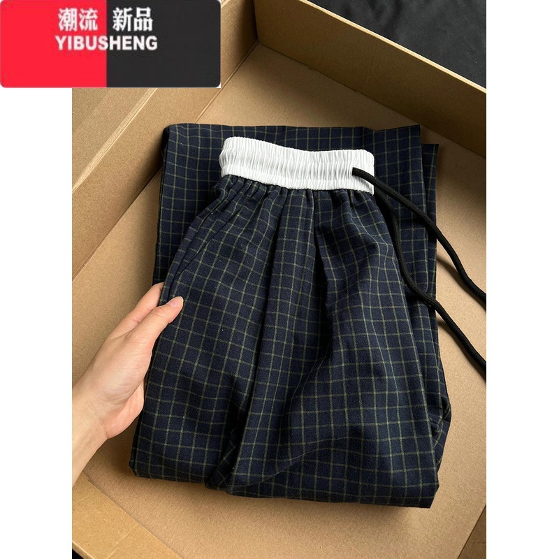 YIBUSHENG国潮牌拼色格子高腰休闲裤女季宽松阔腿原宿风休闲百搭直筒长裤高清大图