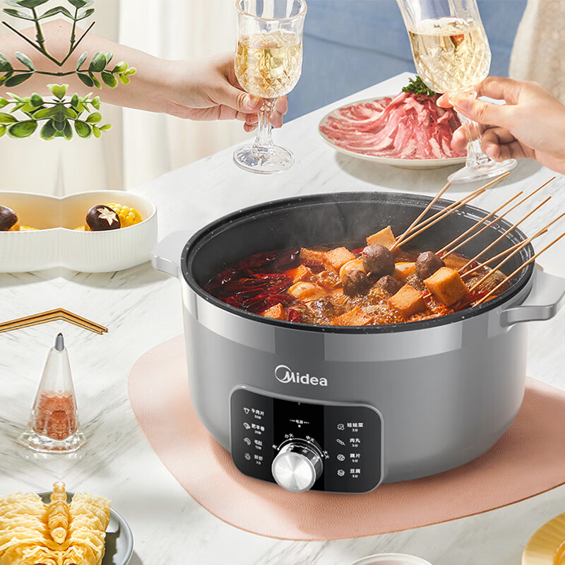 美的(Midea)电火锅不沾多功能DHE3008T家用6L麦饭石深锅双热源三挡大火力电热锅煮锅炖锅煎锅一体式快速
