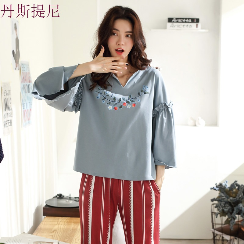 时尚睡衣女秋长袖2018新款春秋时尚纯棉两件套家居服套装韩版宽松