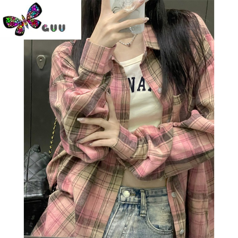 语娄格子衬衫外套女新款设计感小众上衣港风复古大码宽松衬衣