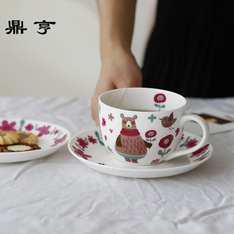 鼎亨 北欧风骨瓷咖啡杯碟套装 可爱燕子与熊英式创意红茶杯家用