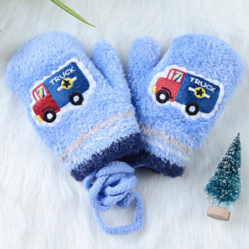 天蓝色13岁c7272悠迪拉儿童宝宝手套卡通小货车防丢挂绳包手指保暖