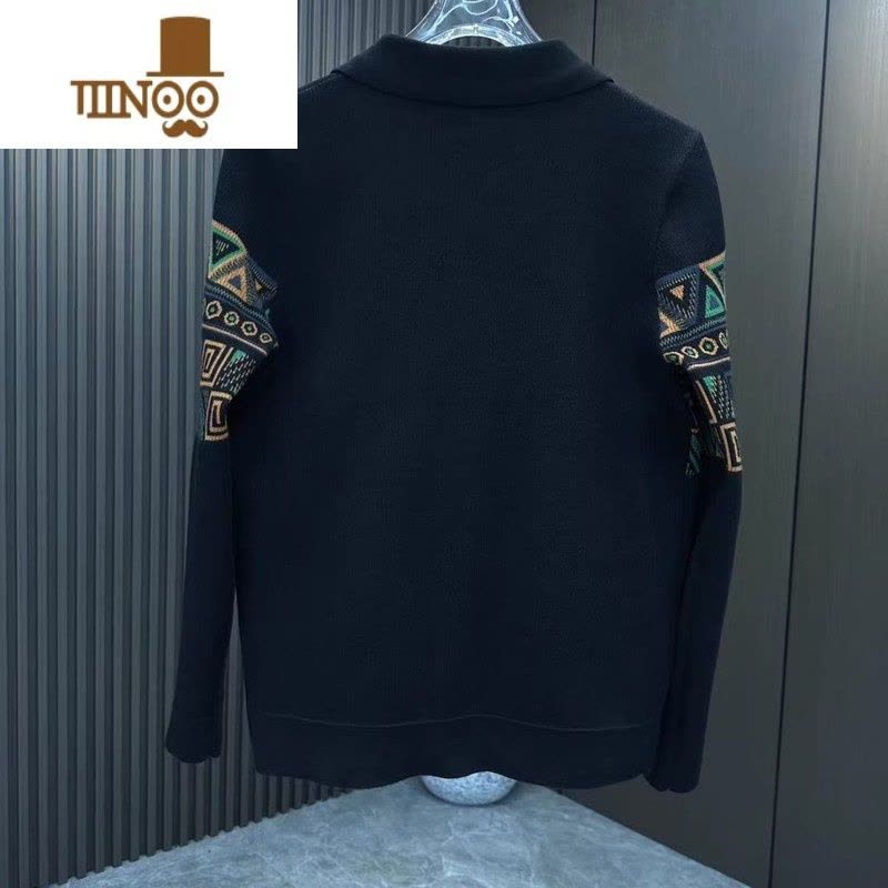 YANXU民族风提花潮牌翻领针织衫男士新款简约休闲帅气青年开衫外套图片