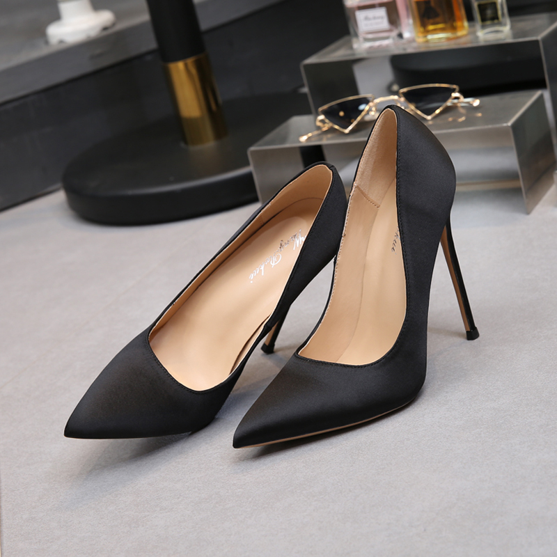 林先森黑色超细跟绸缎10厘米性感8m宴会尖头高跟鞋女细跟春秋9百搭单