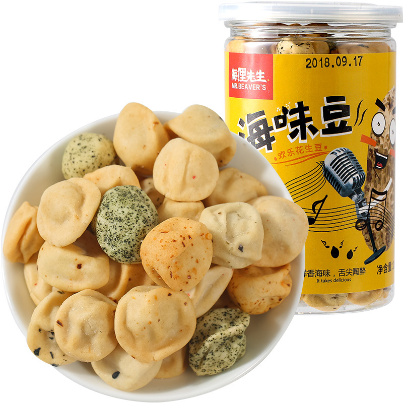 海狸先生海味花生豆海洋休闲零食 虾蟹鱿鱼海苔味花生豆零食 180g*1罐(休闲零食)