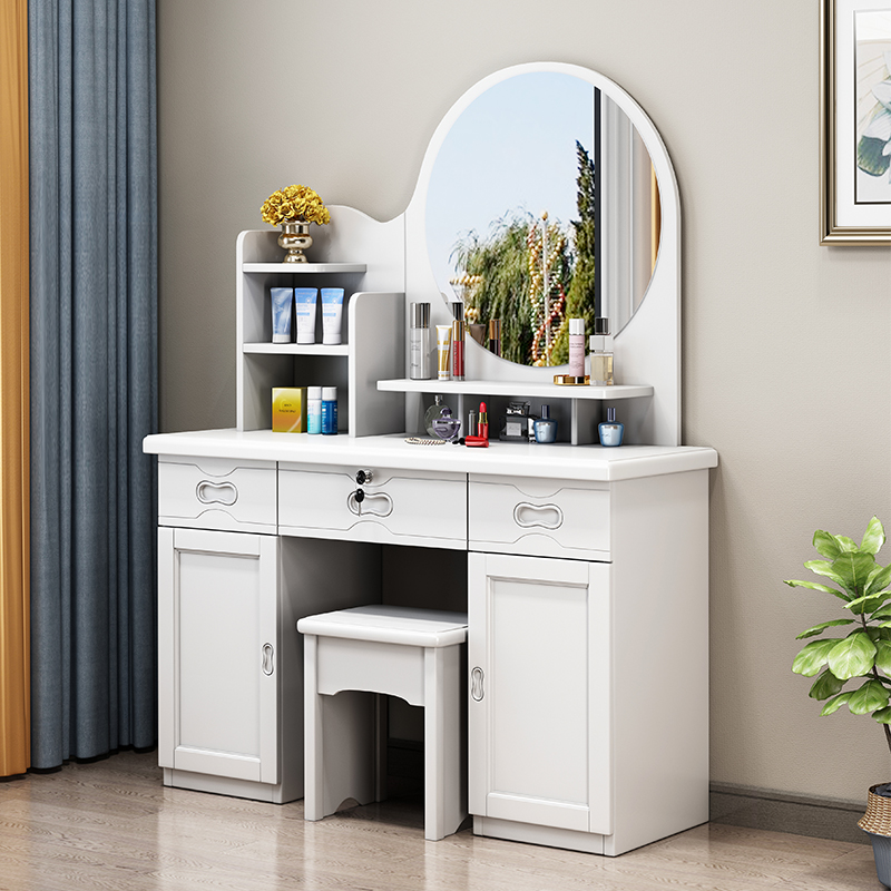 青木川 中式实木梳妆台家用卧室化妆桌1.1米带凳子带镜子带锁床边收纳储物柜一体小户型化妆台梳妆柜 白色