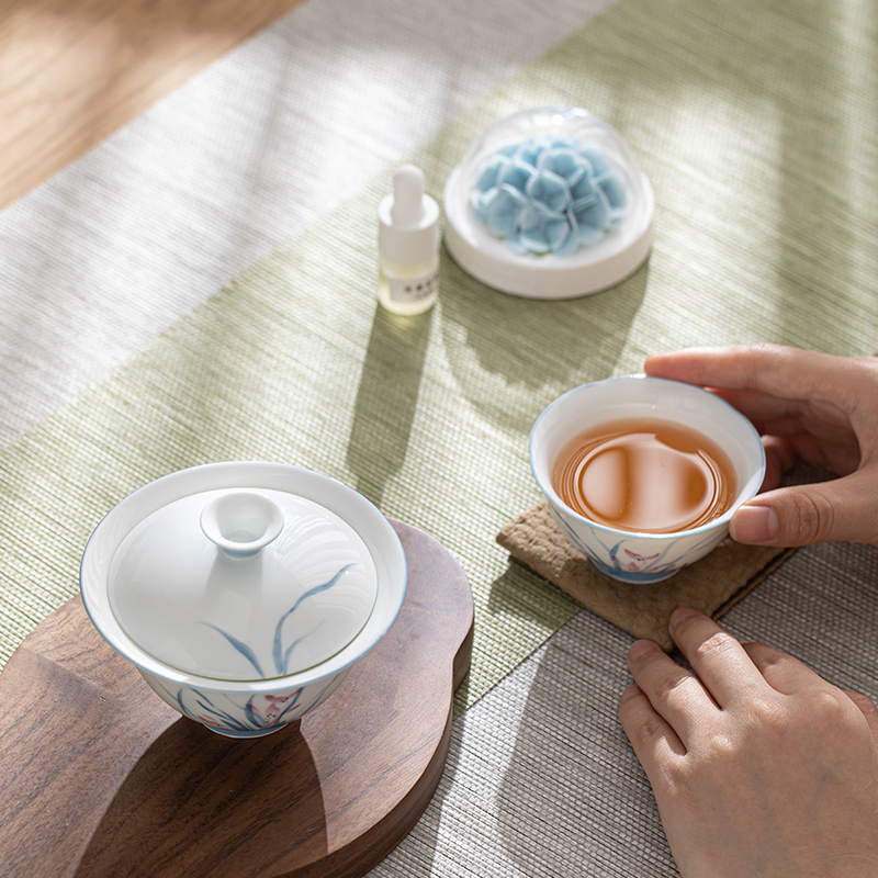 苏氏陶瓷(SUSHI CERAMICS)羊脂玉瓷手绘兰花盖碗香薰手捏花扩香器小套组