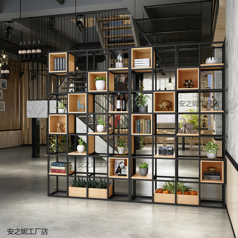 美式工业风办公室铁艺隔断置物架 落地多层loft餐厅装饰 客厅书架高清大图