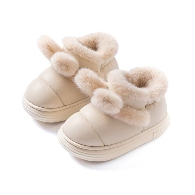 儿童棉拖鞋女童包跟室内家居秋冬季新款保暖防水防滑宝宝毛毛棉鞋3754 米色-兔耳朵 32码/21cm