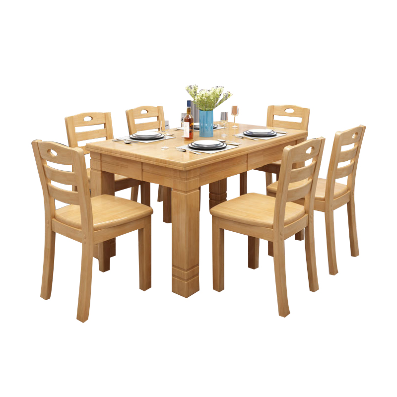 臻远 ZY5110246 实木餐桌椅组合原木色长方形餐桌椅 1.45米一桌六椅