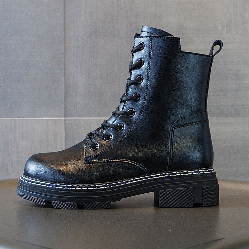 秋冬季加绒厚底真皮牛皮马丁靴女韩版系带女靴子休闲女学生鞋子 女高清大图