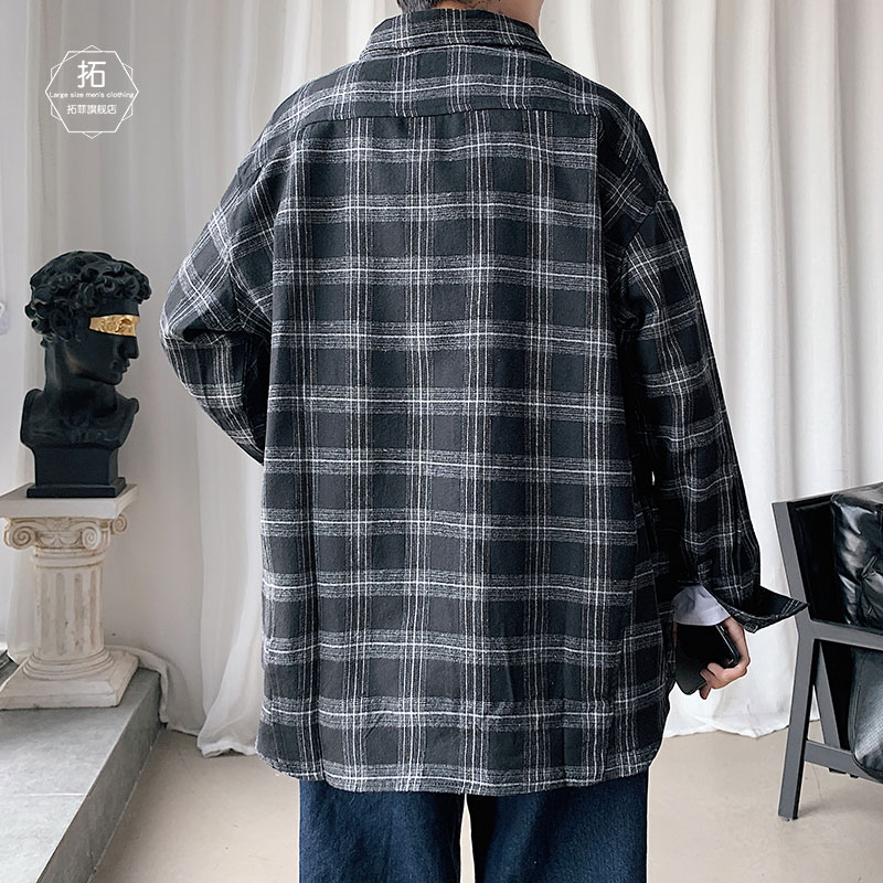 SUNTEK格子衬衫男长袖韩版潮流胖子加肥加大码宽松外套春秋衣服男士衬衣衬衫高清大图