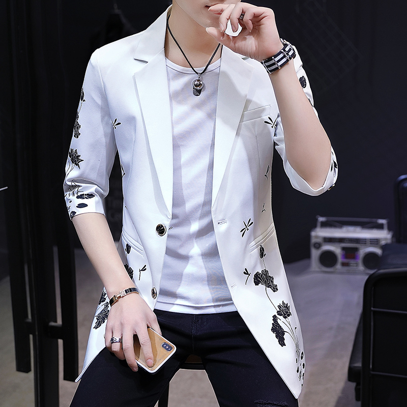 YUANSU男士帅气薄款夏装无袖风衣中长款韩版花西服发型师潮流修身型披风风衣