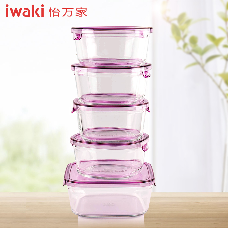 [百年品牌精致生活,高端耐热玻璃保鲜盒]CAPRN-5V1C怡万家iwaki耐热玻璃PACK&RANGE保鲜盒马卡龙5件