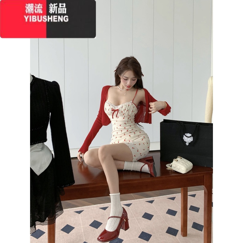 YIBUSHENG甜辣妹碎花吊带连衣裙女季裙子蕾丝花边蝴蝶结收腰性感包臀短裙