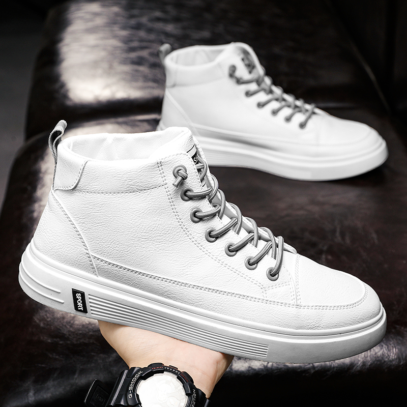 苏芈高帮鞋男秋季小白运动平板鞋休闲白色防水皮鞋中帮内增高潮鞋白鞋