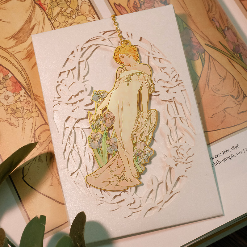 [正版]MUCHA穆夏四朵花—鸢尾插画艺术金属链饰书签20世纪时尚先锋插画师新艺术运动唯美大师名画复古优雅文艺礼品黄铜高清大图
