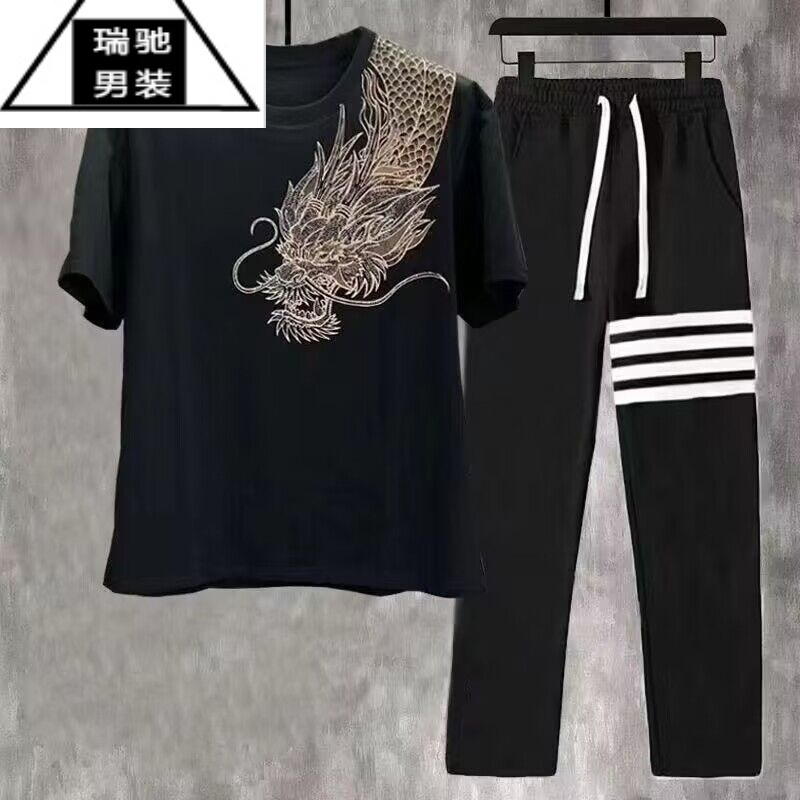 希杰狮王青少年t恤短袖男过肩龙烫钻夏季潮流帅气2023新款初中高学生