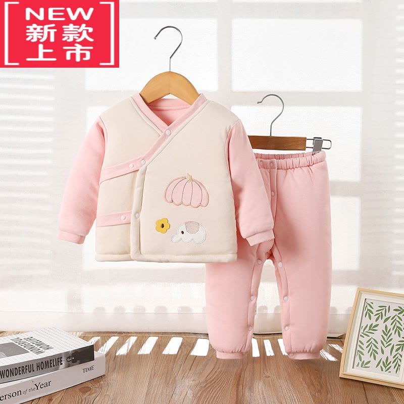 可莉允冬季新生儿婴儿棉衣套装宝宝秋冬装棉服两件套棉裤按扣可开裆图片