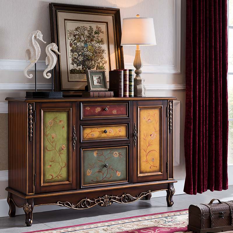 欧式餐边柜实木美式乡村鞋柜复古玄关柜子雕花描金厅备餐柜家具 棕色手绘1.4米_双_