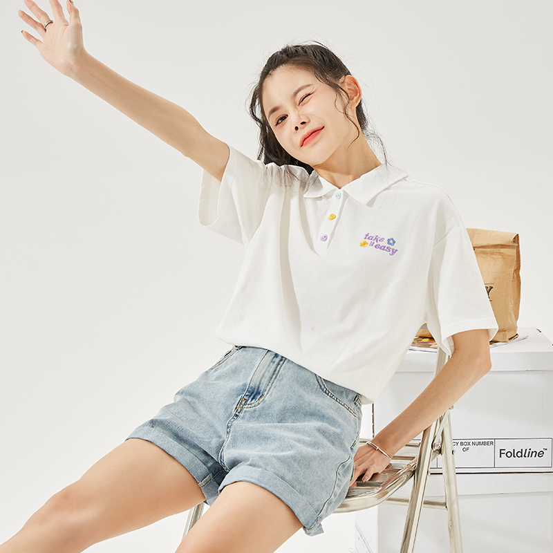 唐狮夏新款女Polo短袖T恤女韩版宽松甜美学生外穿别致上衣DY
