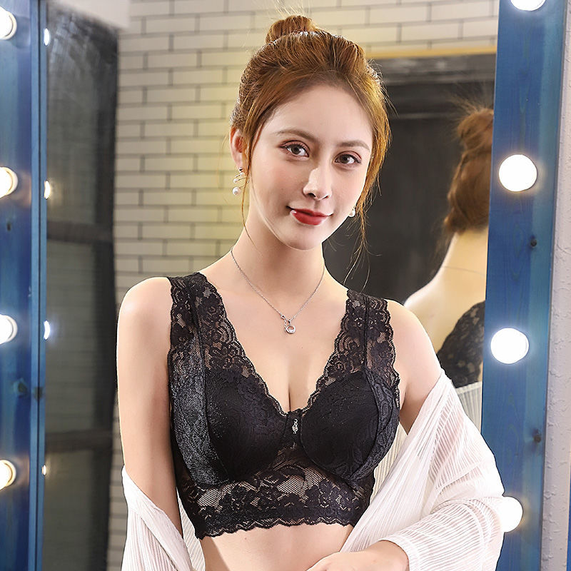 [2件装]蕾丝大码内衣女无钢圈中老年人文胸妈妈背心式胸罩薄款 单件黑色 [单件文胸] M[75-100斤]