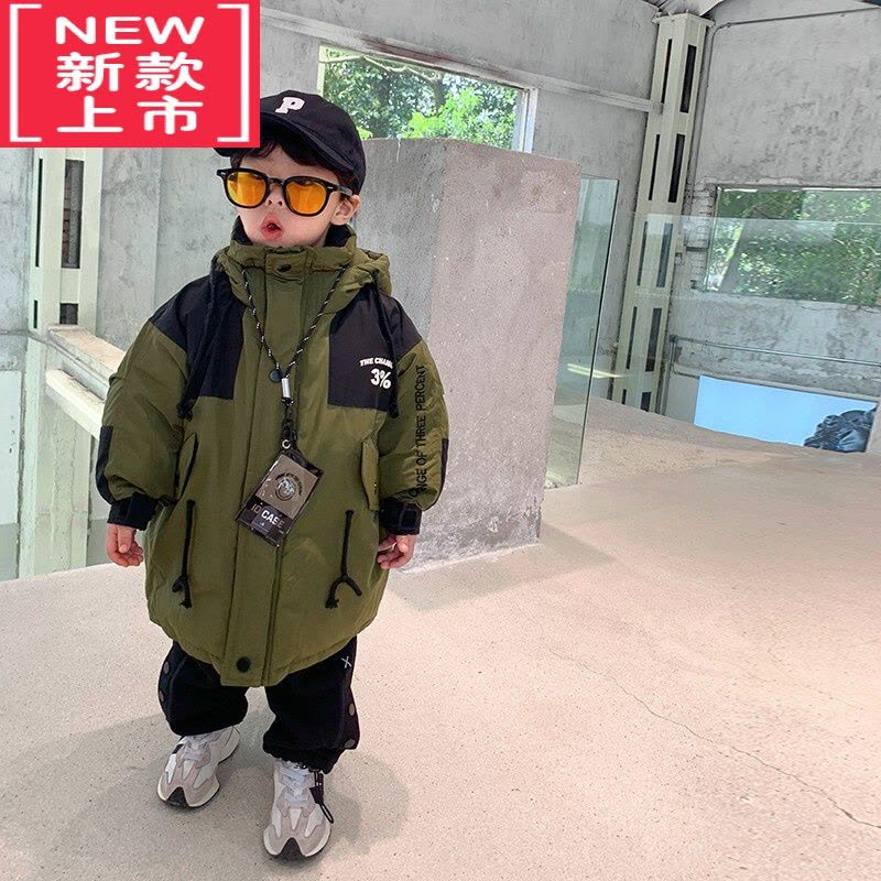 可莉允小小郑儿童冬装外套帅气工装风宝宝棉袄过膝中长款军绿色男童棉服图片